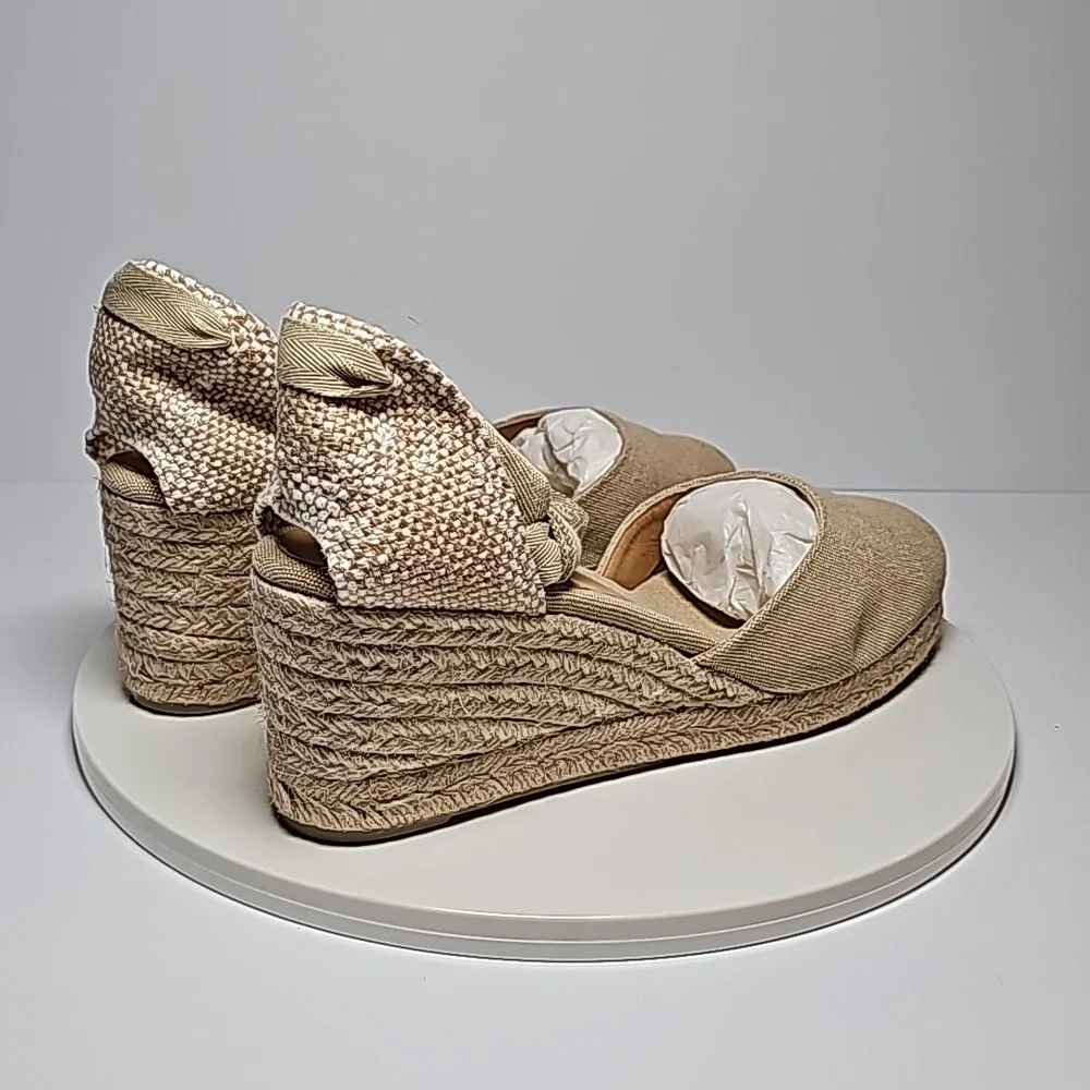 NWB Castaner Carina Sand Canvas Espadrille Wedge Ankle Tie Sandals 10 Jute Heels